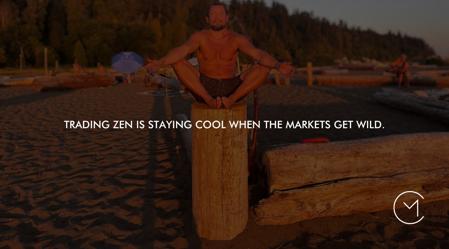 A man meditates on a beach at sunset, illustrating calm, discipline and emotional control when markets become volatile.