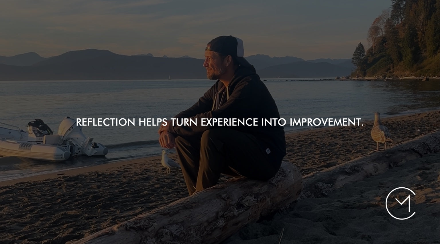 A man sits on a beach at sunset, illustrating how reflection can turn experience into learning and improvement.